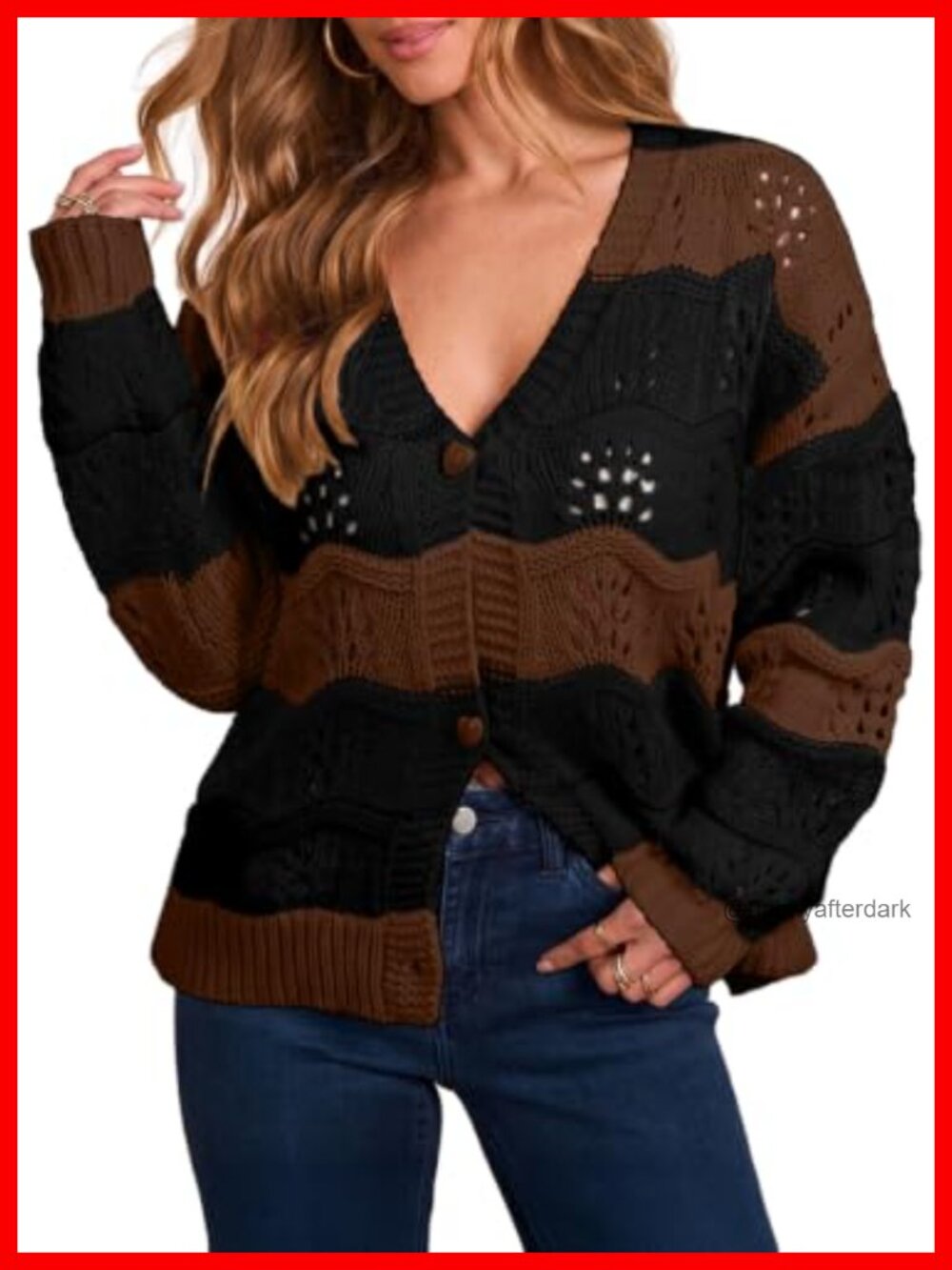 Acrylic Fuzzy Knit Cardigan Wavy Striped Button Down